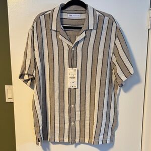 Zara Men's Casual Striped Button Down Shirt - Black, Tan and Cream